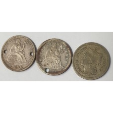 UNITED STATES OF AMERICA 1857, 1868, 1890 . ONE 1 DIME and THREE  3 CENTS COINS . 3 COINS